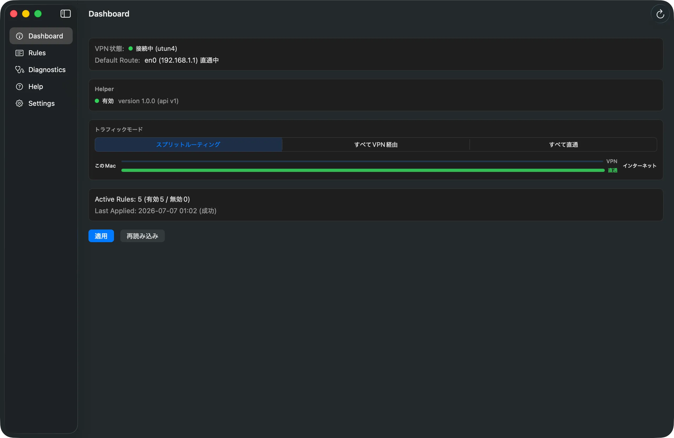 SplitLaneのDashboard。トラフィックモードのピッカー(スプリットルーティング選択中)と経路図