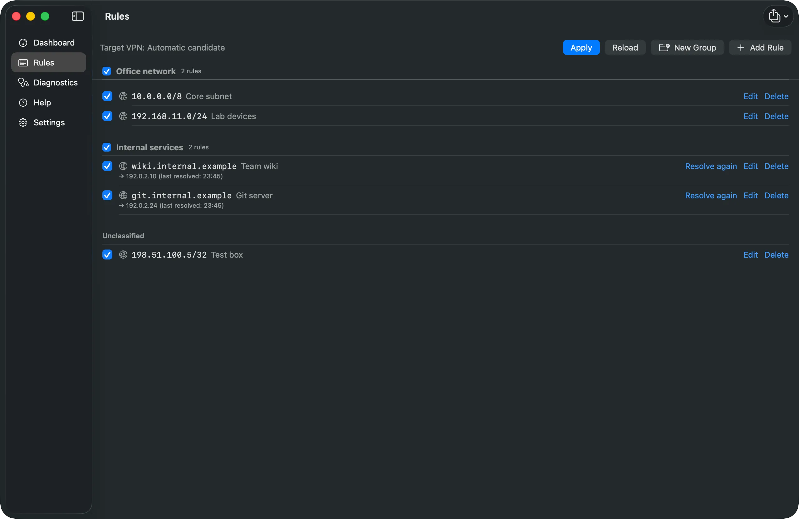 Rules screen with grouped IP and domain rules, showing resolved addresses